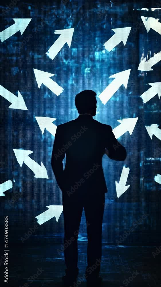 Leinwandbilder professional executive analyzing multiple career opportunities, strategically pointing arrows agains