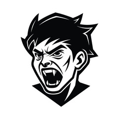 Vector illustration of an enraged vampire face with sharp fangs and furious expression in black and white