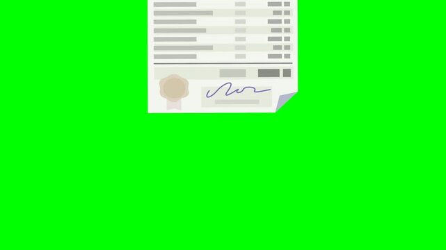 Animation of a 401k plan appearing from the bottom to be placed in the center, then disappearing upwards on a green screen with alpha channel in flat design style