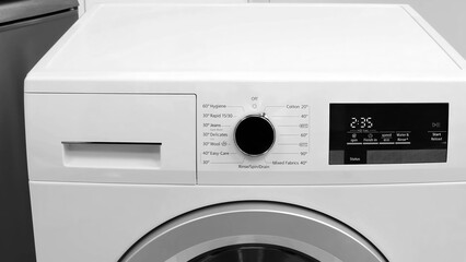 washing machine detergent drawer control panel, screen for cycle time, settings, controls detergent, softener, and additives, includes detergent drawer flap.