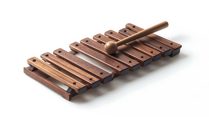 Wooden xylophone on white background, mallet resting atop keys, minimalist music education concept