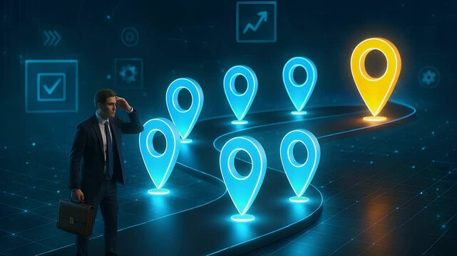 Businessman Facing Multiple Location Pins on a Digital Path Representing Decision Making, Goal Finding and Direction Strategy

