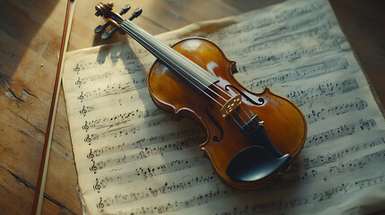 Vintage stringed instrument with bow rests upon sheet music, creating a classic musical scene.