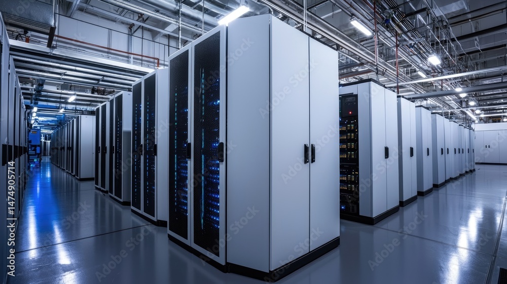 Poster Bright, industrial-style data center with organized rows of white server cabinets and ceiling cabling, ideal for cloud systems, enterprise IT, or data infrastructure use