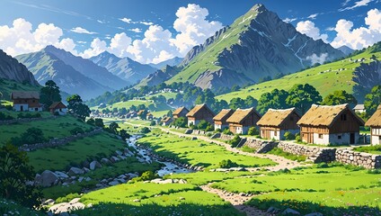 landscape of a rural settlement nestled in a green valley with mountains, anime wallpaper
