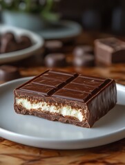 A beautifully cut mint chocolate bar showcases its vibrant green mint cream and rich fudge layers elegantly displayed on an empty white plate. Perfect for dessert lovers at any gathering