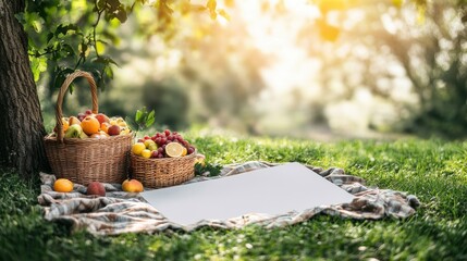 Summer picnic under tree with fruit basket and blank white board