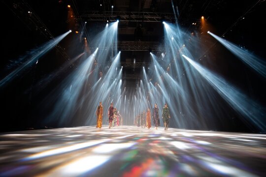 A glamorous fashion show is underway, featuring models walking the brightly lit runway elegantly.