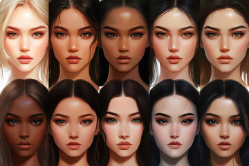 Obraz premium series of faces with different skin tones. The faces are all smiling and have a happy expression