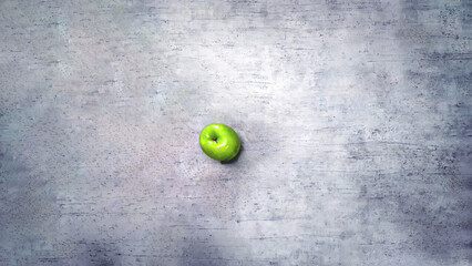 A perfect green apple centered on gray background, empty space surrounding it, emphasizing the simplicity and freshness of the fruit.