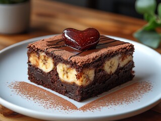 A square brownie featuring rich chocolate and ripe banana layers elegantly adorned with jam and a touch of glaze served on a white plate with cocoa dusting beneath it creating a heart shape