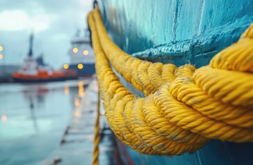 Bright yellow mooring ropes secured to a teal-colored ship's hull, harbor scene in the background