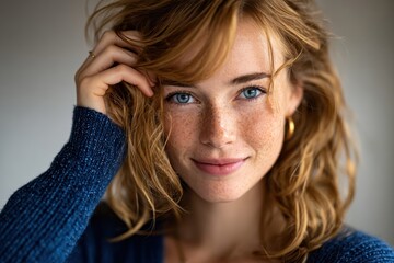 Smiling young woman with curly hair and freckles standing indoors in soft lighting, expressing joy and confidence