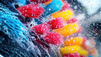 Colorful brushes cleaning a vehicle in an automated car wash, water spraying