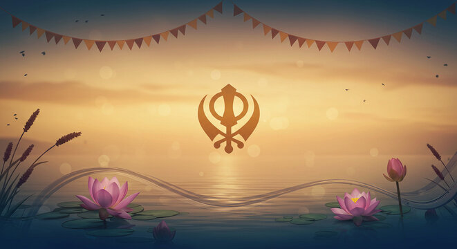 A serene background design for Gurpurab, featuring symbols of Guru Nanak's teachings, such as the Ik Onkar symbol, along with soft lighting and peaceful imagery.