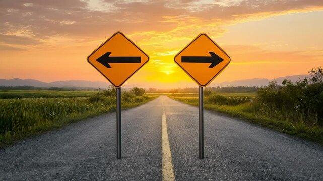 Road signs pointing opposite ways illustrate decision making challenges against dramatic sunset backdrop, symbolizing life's uncertain journey and potential opportunities