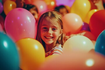 Obraz premium Happy children and their parents entertain and have fun with color balloon on kids birthday party