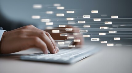 on keyboard with floating blockchain icons and data flow