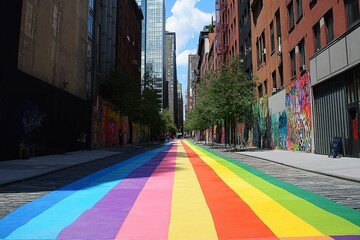 street with a big rainbow carpet ready for the big gay pride day party