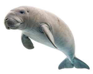 Graceful dugong swimming underwater with a neutral background isolated on white background and serene