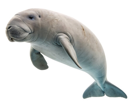 Graceful dugong swimming underwater with a neutral background isolated on white background and serene