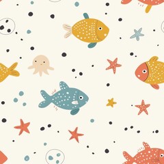 Obraz premium seamless minimal doodle pattern of abstract sea creatures and coral shapes, soft beige and aqua color palette