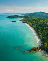 Scenic aerial view of curving tropical coastline with turquoise sea