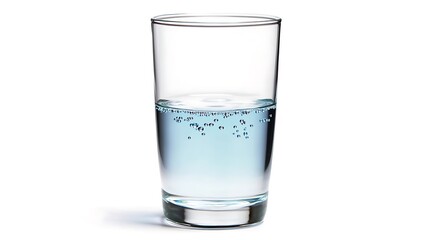 A glass filled halfway with clear liquid and small bubbles on white