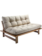 Fototapeta premium Elegant futon sofa bed with light colored cushions and wooden frame