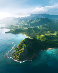 Aerial view of dramatic tropical mountains and coastline meeting the sea