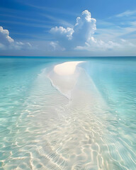 White sandbank surrounded by shallow turquoise sea under a blue sky