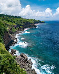 Rocky tropical coastline with cliffs and waves crashing on shore