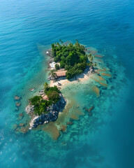 Tiny tropical island with huts and lush vegetation surrounded by coral reefs