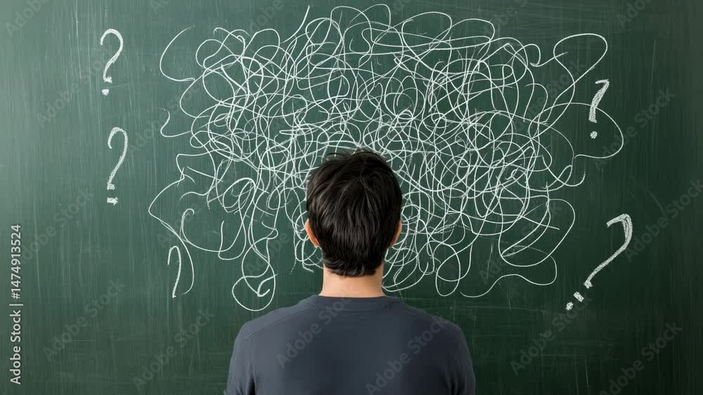 Poster student sitting in classroom, head turned away from chalkboard filled with chaotic lines and questio