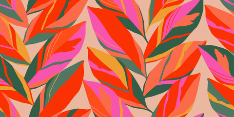 Fototapeta na wymiar Abstract tropical leaves seamless pattern with vertical style. Modern foliage print design for fabric, textiles, clothing, packaging, cover, banner, home decor and backgrounds. Vector illustrations.