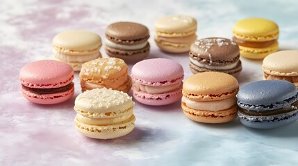 Fototapeta premium Colorful macarons arranged on a pastel background.