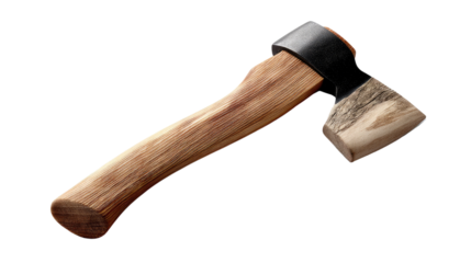 Axe with Wooden Handle: A detailed, eye-level shot of a sharp axe with a sturdy wooden handle on an isolated background. It is a symbol of manual labor, construction, or wilderness skill.