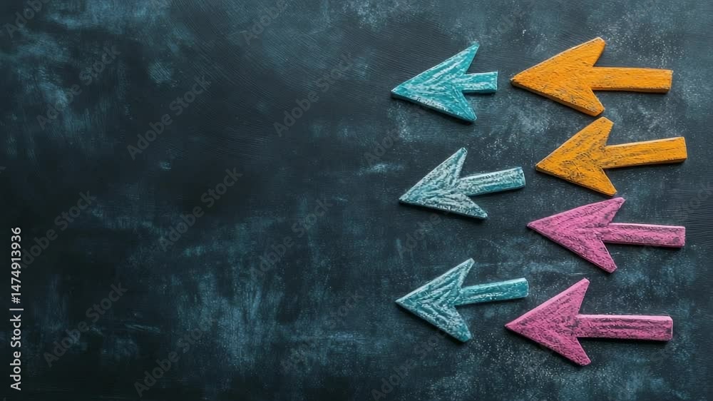 Poster wooden arrows pointing in different directions symbolizing career choices, decision challenges, and 