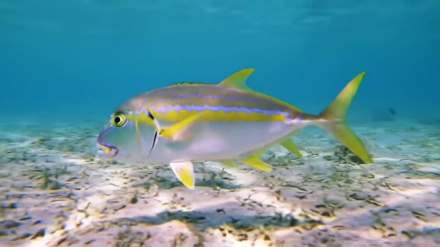 Two yellowspotted trevally fish swimming in clear tropical waters