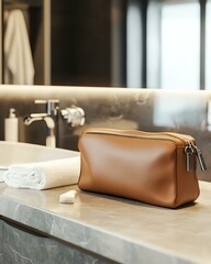 A realistic travel toiletry bag mockup with a waterproof design, placed on a hotel sink