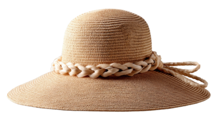 Elegant Sun Hat: A stylish, wide-brimmed sun hat, woven with natural fibers and adorned with a braided band, evokes a sense of relaxed elegance, perfect for shielding from the sun.