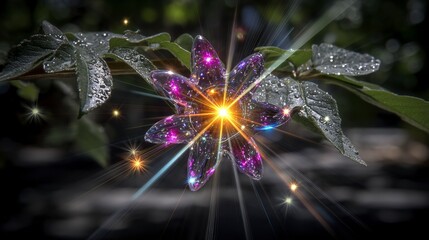 Sparkling Crystal Flower on Dewy Leaves  Nature Fantasy  Magical Light