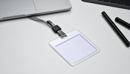 Blank Id Badge with Lanyard on Desk