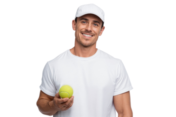 Fit man holding a tennis ball, dressed in a white t-shirt and cap, isolated on transparent background