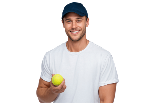 Smiling, handsome man in a white outfit holding a tennis ball, ready for the game, isolated on transparent background