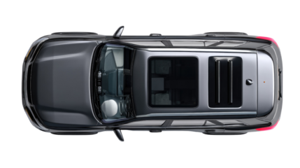 Automotive aerial view: A stunning top-down perspective of a sleek, modern vehicle, showcasing its design with panoramic sunroof against a plain background.