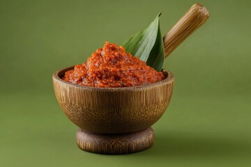 Spicy Red Sauce in Wooden Mortar, Close-Up Studio Shot