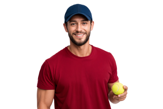 Handsome young athlete in a blue cap and red shirt holding a tennis ball with a cheerful expression, isolated on white background