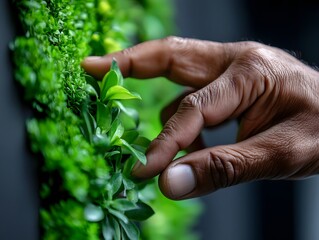 Hand gently touching green plant wall symbolizing eco-conscious design