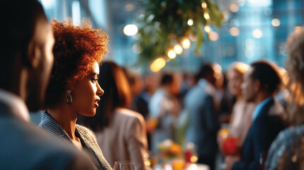 Blurred shot of business people at party or corporate event in office center 